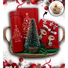 As Gift Hasır Sepetli Kişiye Özel Kırmızı Termos & Kırmızı Defter & Çam Ağacı & Yılbaşı Çorabı Hediye Seti