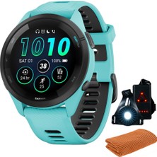 Garmin 010-02810-02 Forerunner 265 Gps Akıllı Saat, Aqua/black | Resmi Abd Ortak Modeli | Işout Soğutma Spor Havlusu + Deco Essentials Wearable Commuter Front & Arka Güvenlik Işık Işık Işık Işığı