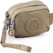 İmaks Mini Boy Krinkıl / Klinkır Kumaş 3 Fermuar Bileklik Askı Bozuk Para Cüzdan Makyaj Çanta Camel 1415A