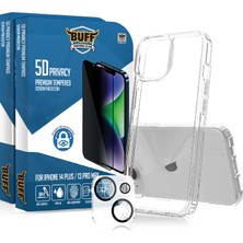 Buff Labs Buff iPhone 14 Plus Avantaj Paket - 2X5D Ekran Koruyucu + Şeffaf Kılıf + Lens Koruyucu Privacy