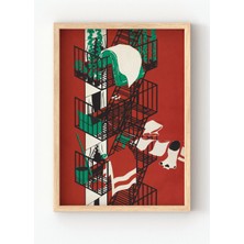 Viela Home Ahşap Çerçeveli Fire Escape Tablosu – Kırmızı Arka Planlı Şehir Yaşamı Duvar Tablosu🏙️🧺