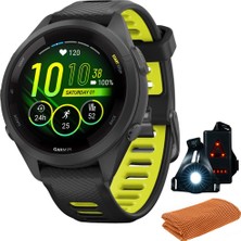 Garmin 010-02810-03 Forerunner 265S Gps Akıllı Saat, Black/amp Yellow Sche With Workout Soğutma Sport Havlu + Deco Essentials Wearable Commuter Front & Arka Safety Light