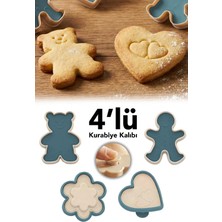 Meleni Home 4'lü Basmalı Kurabiye Kalıbı Seti - Ayıcık Gingerman Çiçek Kalp Şekilli Hamur Kesici Şekillendirici