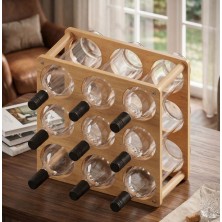 Aybi Dekor Tezgah ve Masa Üstü Ahşap Şaraplık Standı / Şişe Standı Açık Meşe Mdflam 9 Gözlü