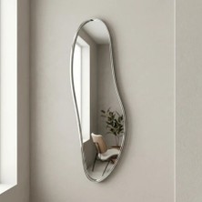 Aypars Atölye Modern Organik Form Banyo Aynası 40X120 cm – Asimetrik Minimalist Gümüş Çerçeveli Dekoratif Duvar Aynası