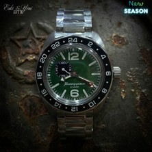 Eski Yeni Antik Vostok Komandirskie Premium Otomatik Gmt Erkek Kol Saati – Yeşil Kadran – 24 Saat Bezel – 32 Taşlı