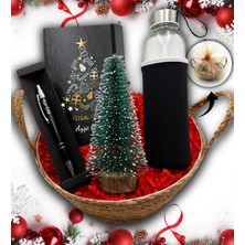 As Gift Hasır Sepetli Su Matarası & Çam Ağacı & Kişiye Özel Siyah Defter & Kalem Hediye Seti