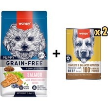 Wanpy Tahılsız Somonlu Yavru Köpek  Maması 1,5 kg + 2 Adet Wanpy Tahılsız %100 Gerçek Et Biftekli Köpek Konservesi 375 gr
