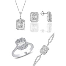 Söğütlü Silver Gümüş Rodyumlu 925 Ayar Dörtlü Set Baget Taşlı Modern Tasarım