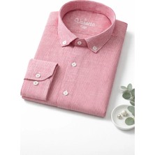 Varetta Erkek Çizgili Gömlek Keten Efektli Uzun Kollu Cepsiz Karanfil Pembe Geniş Kesim