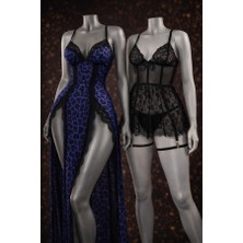 albonse Dantel Detaylı Göğüs Dekolteli ve Mavi Leopar Desenli Yırtmaçlı Tanga Dahil Kadın Gecelik Takımı Avantajlı 2 Li Paket