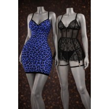 albonse Mavi Leopar Desenli Arkası Çapraz Bağlamalı ve Siyah Kelebek Baskılı Fantezi Gecelik Takımı Avantajlı 2 Li Paket