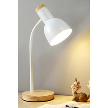 Ecuy USB LED Masa Lambası Beyaz Ahşap Tabanlı Modern Dekoratif, Şık Esnek Boyunlu Ofis ve Çalışma Lambası