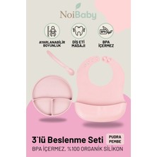 Pembe 3’lü Silikon Yemek Seti – Önlük + Diş Kaşıyıcılı Kaşık + Vakumlu Tabak