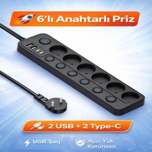 Smayling 6’lı Ayrı Anahtarlı Akım Korumalı Priz 3680W 16A 2 USB 2 Type-C 2 Metre Kablolu Çoklu Priz