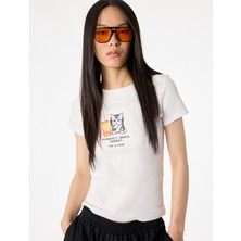 Koton Slim Fit Kısa Kollu Kedi Baskılı Bisiklet Yaka Tişört