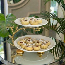 Elta Collection Gold Kuş Detaylı 2 Katlı Porselen Sunumluk – Şık Servis Tabağı, Dekoratif Kurabiyelik & Ikramlık Standı