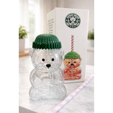 Ayı Figürlü Cam Içecek Bardağı Pipetli Kapaklı Sevimli Tasarım