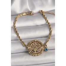 Inure Jewelry 316L Çelik Gold Renk Burgu Zincir Model Dorika Yaşam Ağacı Figür Nazar Boncuk Detay Kadın Bileklik