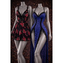 albonse Mavi LEAOPAR Yırtmaçlı Uzun Gecelik Gül Desenli Transparan Babydoll Takımı