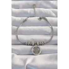 Inure Jewelry 316L Çelik Gümüş Renk Zirkon Taş Aksesuarlı Fatma Ana Eli Bileklik