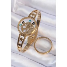 Inure Jewelry 316L Çelik Altın Renk İçi Yaşam Ağacı ve Nazar Boncuk Figürlü Açılabilir Fanus Kelepçe