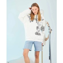 Kadın Oversize Kapüşonlu Baskılı 3 Iplik Pamuklu Hoodie Sweatshirt - B