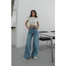 Havoş Açık Mavi Puddle Effect Geniş Paça Jean