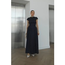 Havoş Lacivert Munsin Belden Oturtmalı Puantiyeli Elbise