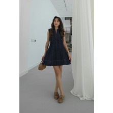 Havoş Koyu Lacivert Dikiş Detaylı Denim Elbise