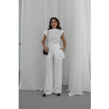 Havoş Ekru Backo Vatkalı Asimetrik Bluz Pantolon Takım