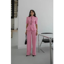 Havoş Pembe Lugo Düğme Detaylı Ceket Pantolon Takım