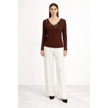 Shopping Shop V Yakası Dantelli Body Kahve