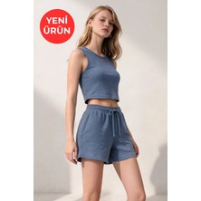 Kadın Bürümcük Basic Askılı Crop Kısa Şort Alt Üst Şortlu Takım