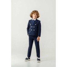 Beystil Sivri Yaka Lacivert Çocuk Kruvaze Takım Elbise Set -Slim Fit