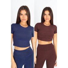 Kadın 2'li Organik Kumaş Bisiklet Yaka Vücuda Oturan Slim Fit Atlet Bluz