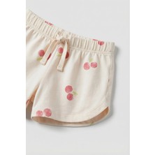 Magu Kız Çocuk Pamuklu Ekru Kiraz Desenli Tişört Şort Takım - Cepli