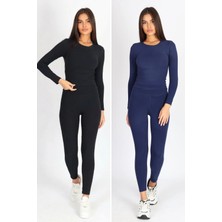 Soft & Basic Kadın 2'li Uzun Kollu Bisiklet Yaka Atlet Premium Kumaş Tayt Alt-Üst Tayt Takım