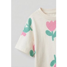 Magu Kız Çocuk Pamuklu Ekru Çiçek Desenli Tişört Şort Takım - Cepli