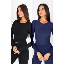 Soft & Basic Kadın 2'li Uzun Kollu Baskılı Bisiklet Yaka Siyah-Lacivert Atlet Body