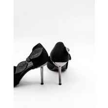 Park Moda Kadın Taşlı Fiyonk Detaylı Kadın Stiletto PM170 Siyah Nubuk