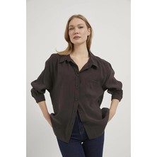 Shopping Shop Modal Kumaş Açık Yaka Oversize Gömlek KAHVE