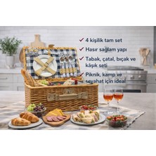 4 Kişilik Hasır Piknik Sepeti Seti – Tabaklı, Çatal Bıçaklı, Şık Taşınabilir Piknik Çantası