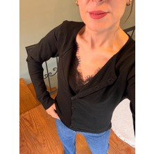 Ali Butik Siyah Dantel Detaylı Hırka Görünümlü Triko Bluz