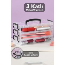Meleni Home 3'lü Kapaklı Makyaj Organizer - Şeffaf Modüler Takı Toka Aksesuar Düzenleyici Kilitli Kutu