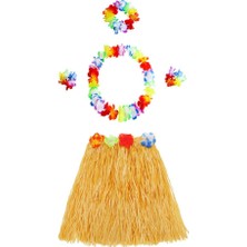 Pileli Store Yetişkin ve Çocuk Uyumlu Luau Aloha Hawaii Turuncu Etek ve Renkli Kolye Taç 2 Adet Bileklik Seti