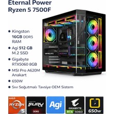 Eternal Power AquaS1 Ryzen5 7500F | 16GB DDR5 Ram | 512 GB M.2 SSD | RTX5060 8gb | A620M Anakart | 650W | Sıvı Soğutmalı Oem Sistem