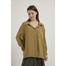 Shopping Shop Modal Kumaş Açık Yaka Oversize Gömlek OLIVE