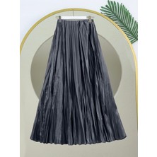 Modamorfo Beli Lastikli Saten Kraş Etek  -Füme