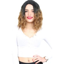 Esplendor Fiber Sen Kısa Dalgalı Perçemsiz Peruk / Siyah / Karamel Ombreli